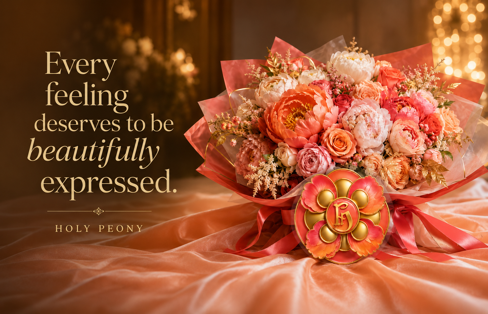ช่อดอกไม้ซิกเนเจอร์ของ Holy Peony พร้อมป้ายโลโก้ Coral และ Gold