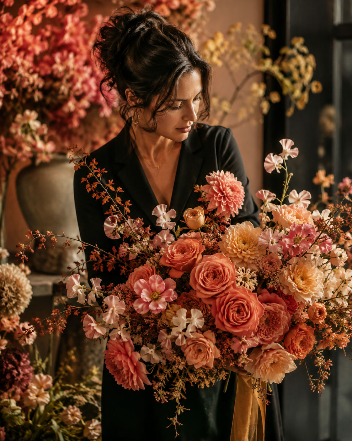 ช่างดอกไม้กำลังออกแบบช่อดอกไม้พรีเมียมโทน Coral และ Peach ของ Holy Peony