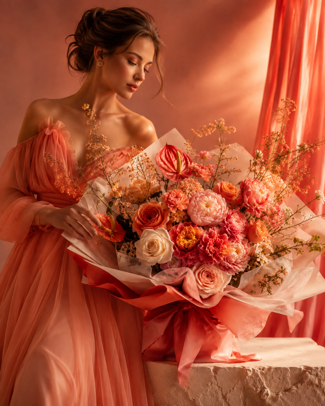 นางแบบกับช่อดอกไม้แฟชั่นโทน Coral Sunset